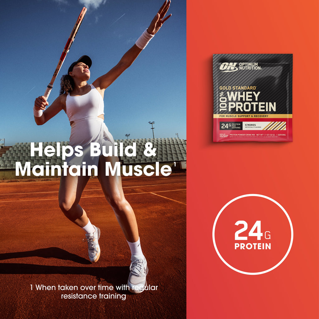 A tennis player in a white outfit jumps on a clay court holding a racket, with text reading 'Helps Build & Maintain Muscle.' On the right is a red-orange panel showing a pouch of Optimum Nutrition Gold Standard 20% Whey Protein and a '24G Protein' badge.