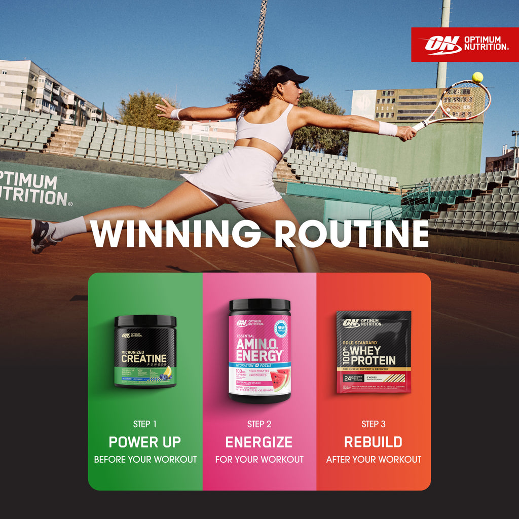 A promotional graphic for Optimum Nutrition's 'Winning Routine' featuring a tennis player on a clay court above three product jars. The products are Power Up (creatine), Energize (amino energy), and Rebuild (whey protein) in green, pink, and orange panels respectively.