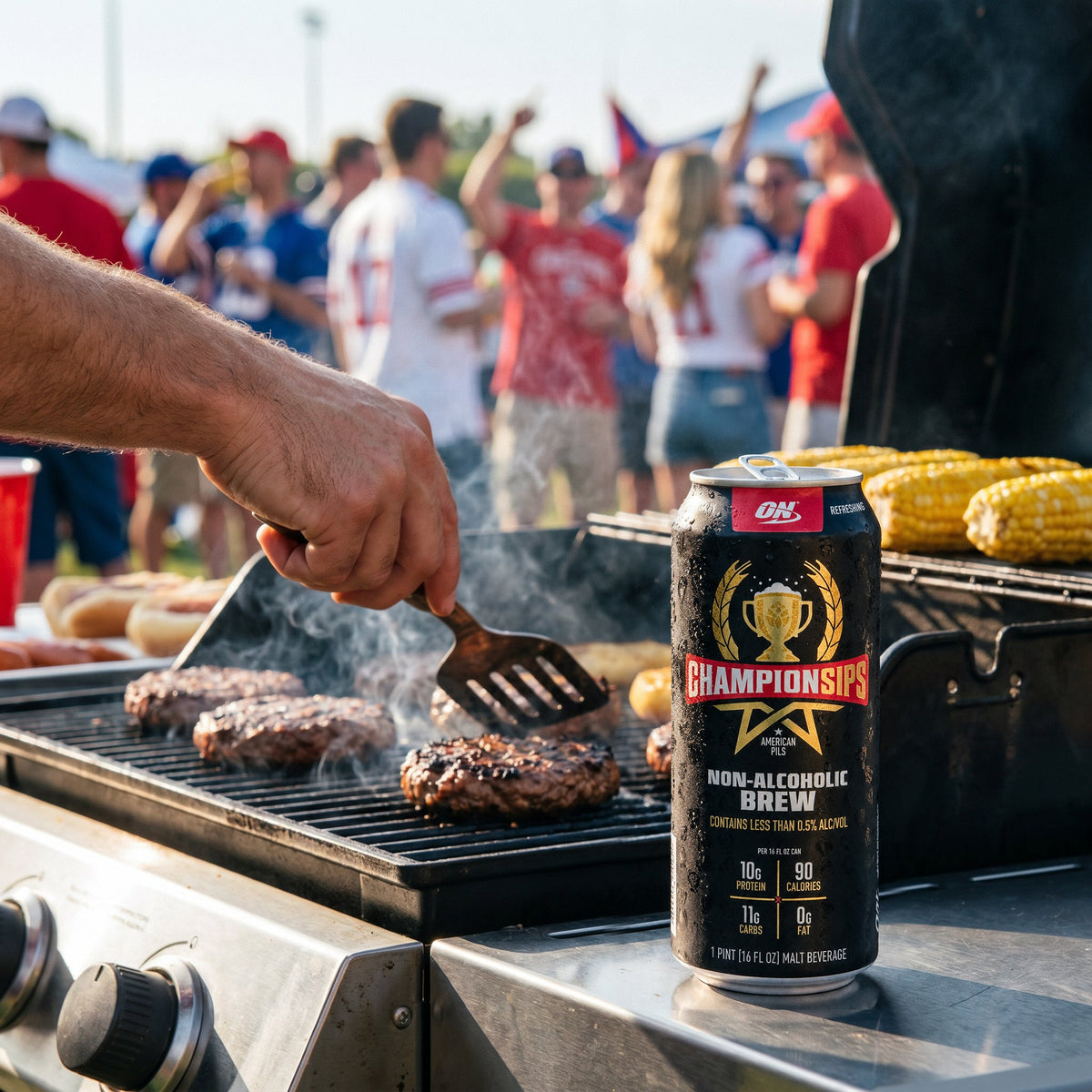 A person grilling burgers on a stainless steel outdoor barbecue while wearing a black and red OH! Sportsman 'Champions' non-alcoholic brew shirt. A can of OH! Sportsman Non-Alcoholic Brew is prominently displayed in the foreground on the grill next to corn on the cob.