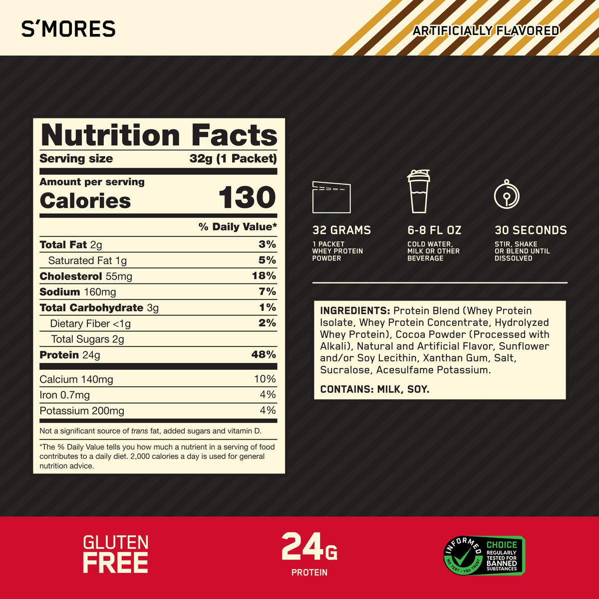 Back label of a S'mores flavored protein powder, showing nutrition facts, calories, serving size, ingredients, and flavor icons on a dark background with red and beige sections.