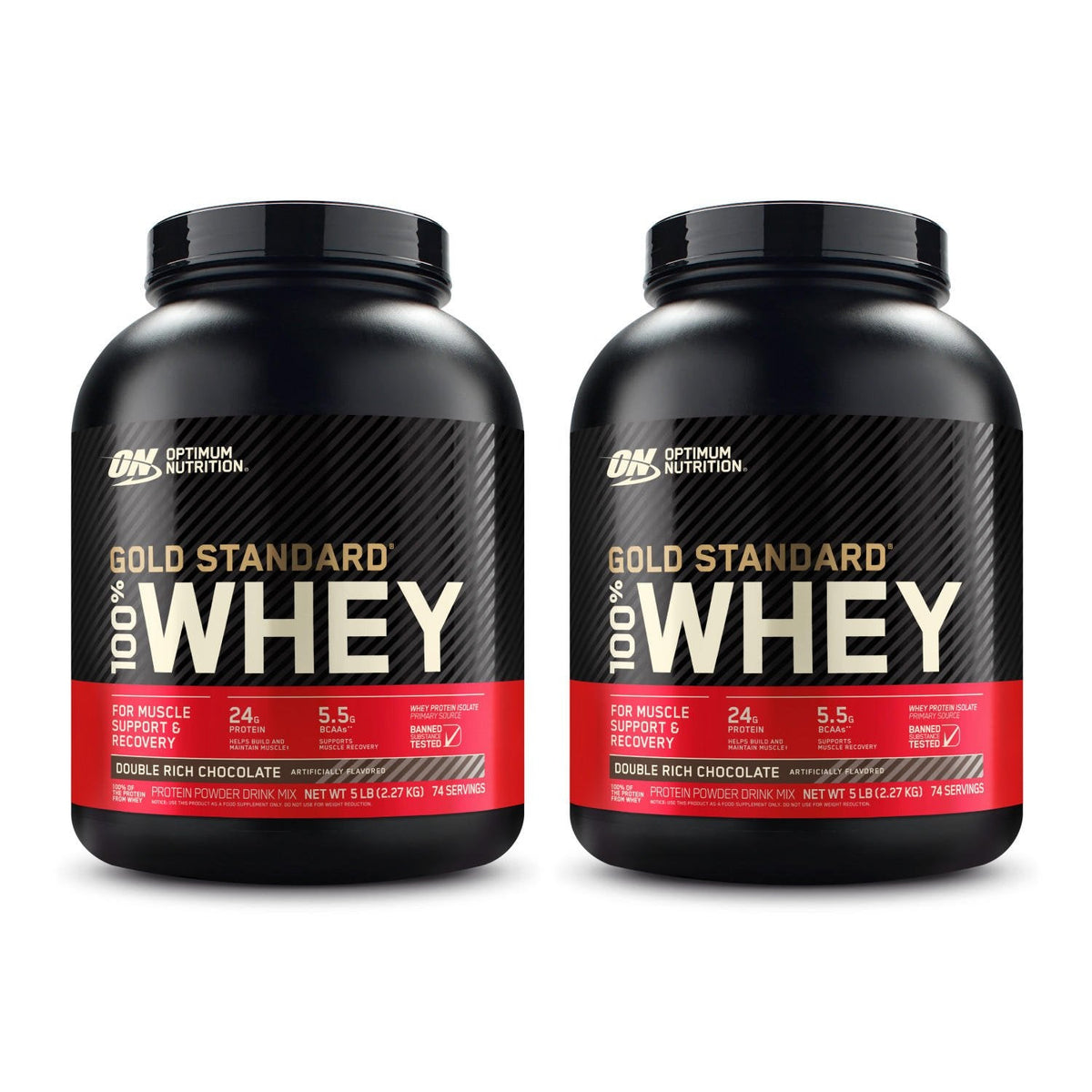 Optimum Nutrition Gold Standard 100% Whey Protein, Double Rich Chocolate, 2.73 kg containers, for muscle support and recovery